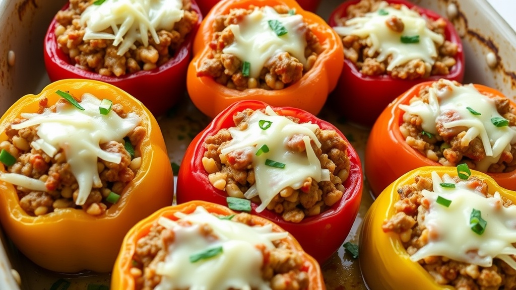 Savory Baked Stuffed Peppers Recipe Baked stuffed peppers filled with ground meat and rice, topped with melted cheese in a rustic baking dish.
